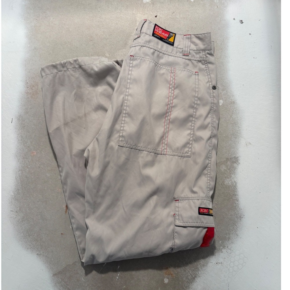 Kikwear Mens Wide Leg Cargo Pants Tan Y2K Rave Red Contrast Stitching 36x34